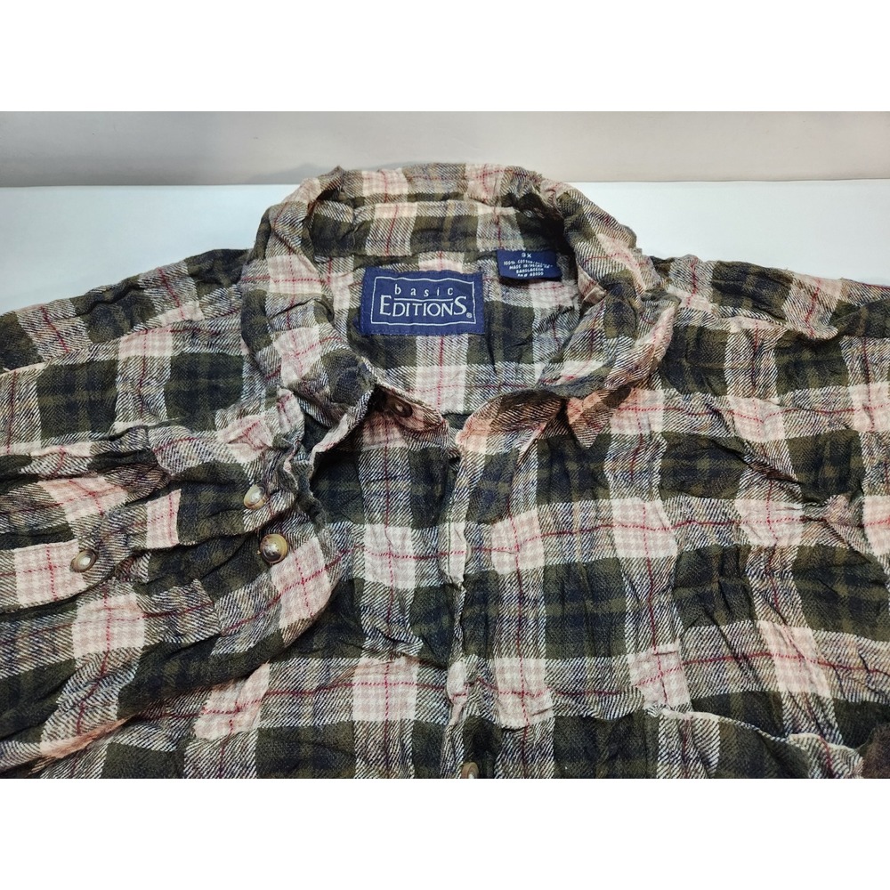 Basic Editions Mens Plaid Flannel Shirt Long Sleeve Button Up Green 3XL
